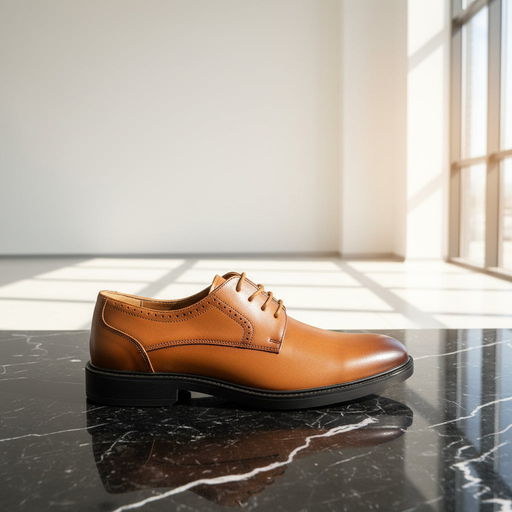 A brown leather lace-up dress shoe with a black sole, displayed on top of a white and blue shoebox labeled 'FREE MAN' on a teal couch in a retail store. Multiple suitcases and shoes are visible in the background.