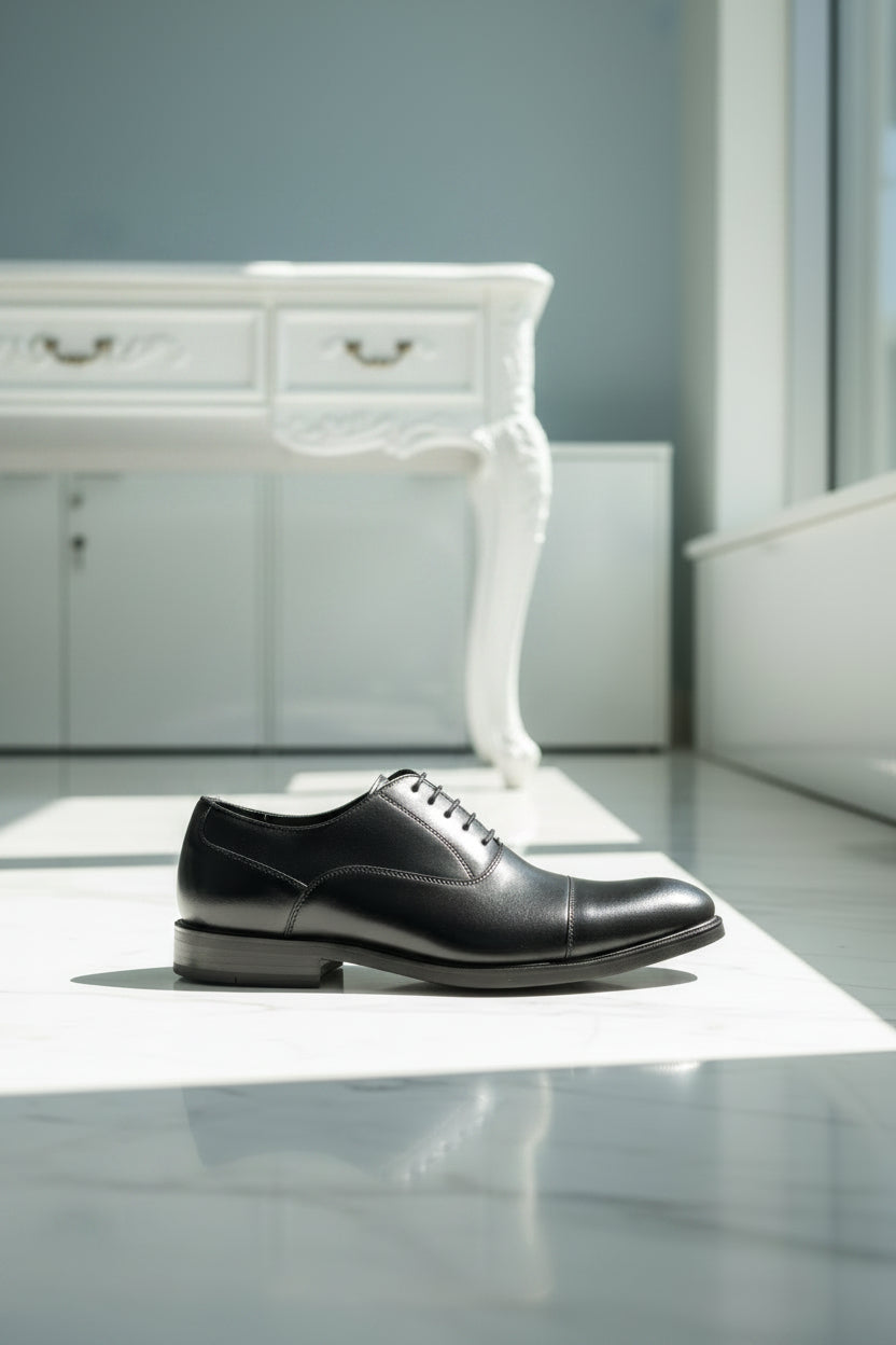 A black leather lace-up dress shoe displayed on a teal velvet bench inside a shoe store, with shelves of shoes and seating visible in the background.