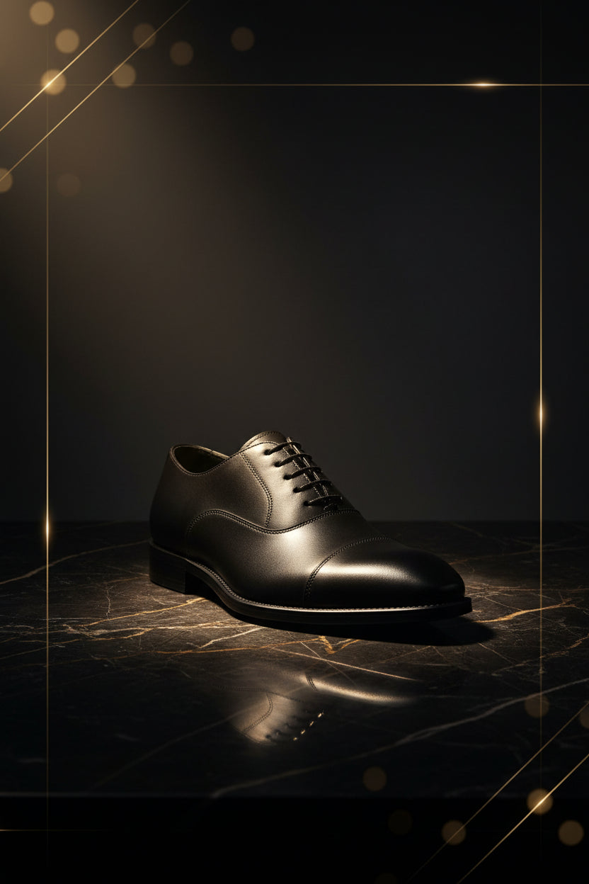 A black leather lace-up dress shoe displayed on top of a shoebox inside a retail store.