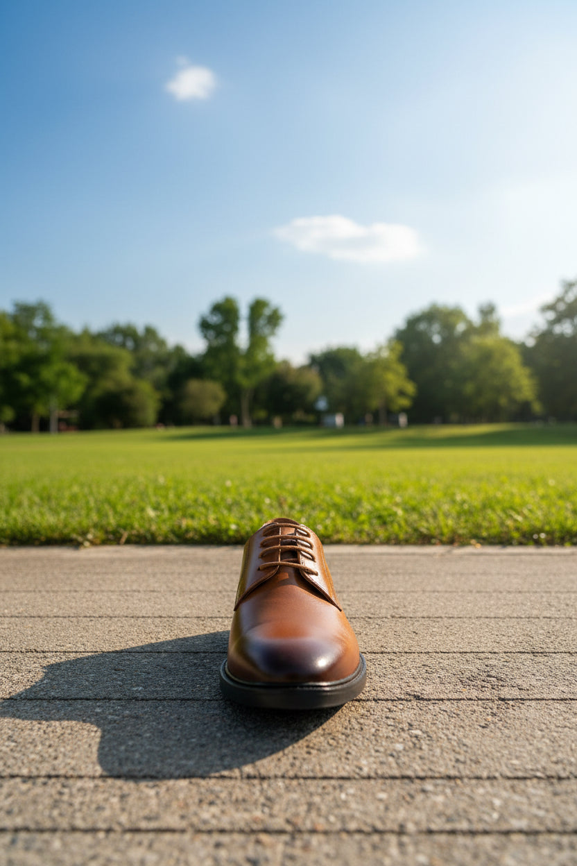 A brown leather oxford dress shoe with tan laces sits on top of a white and purple shoebox, placed on the arm of a teal velvet sofa.