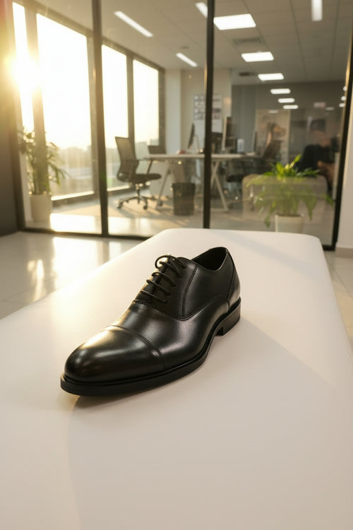 A black leather cap-toe oxford shoe resting on a teal velvet bench inside a shoe store, with shoe displays and racks visible in the background.